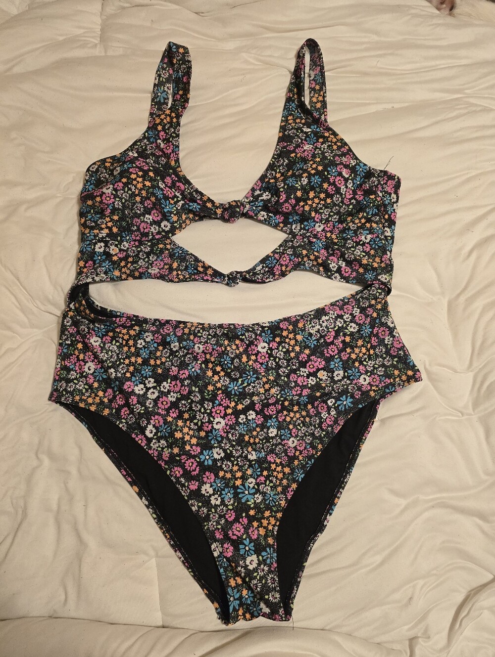 Floral Cut-Out One-Piece Swimsuit Front Knot Ditsy Print Black XXL